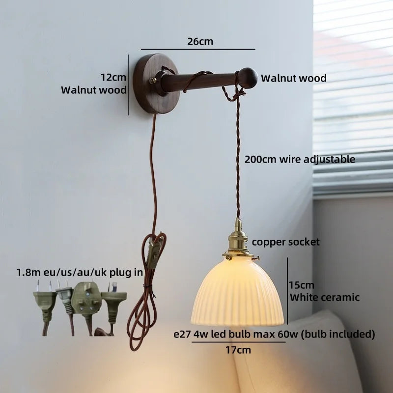 Axyaa Round Ceramic E27 Wall Lamp with Pull Chain Switch and Warm LED Light