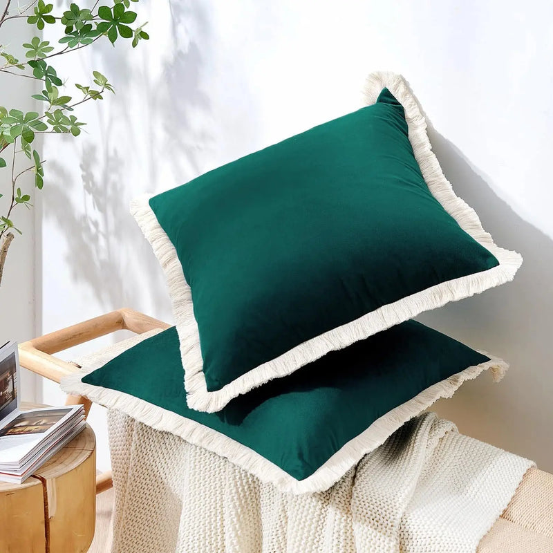 Axyaa Velvet Decorative Pillow Cover with Tassels - Orange/Ivory/Green - 18x18/20x20/24x24