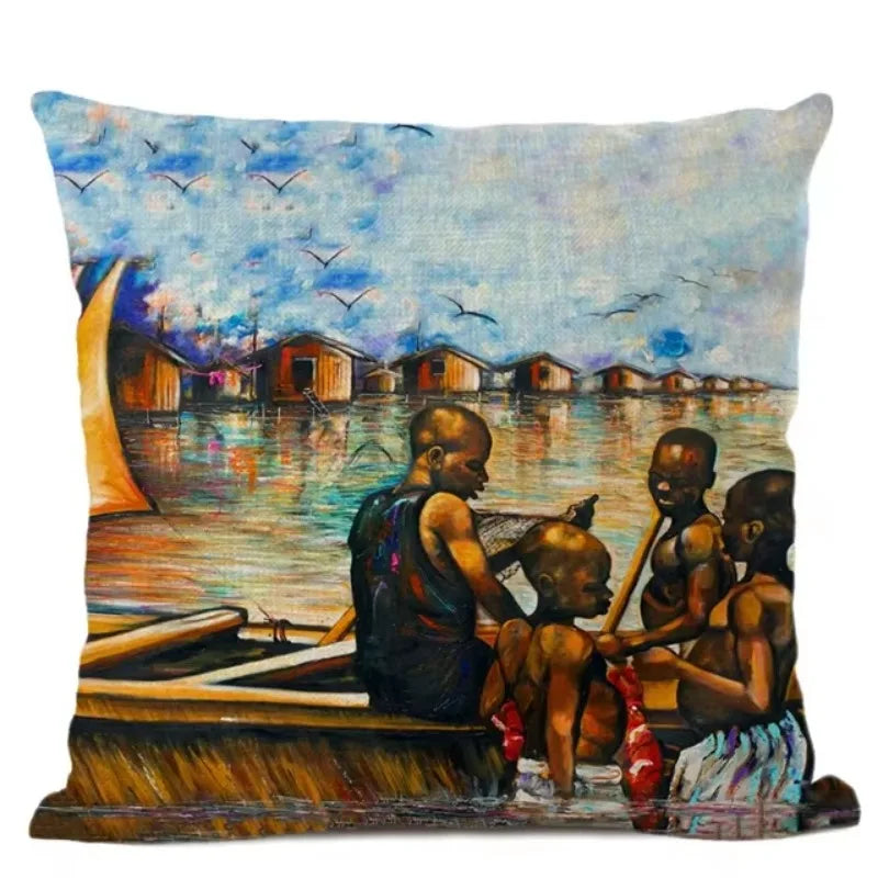 African Tribal Life Oil Painting Decorative Cushion Cover for Axyaa Branded Linen Pillowcase