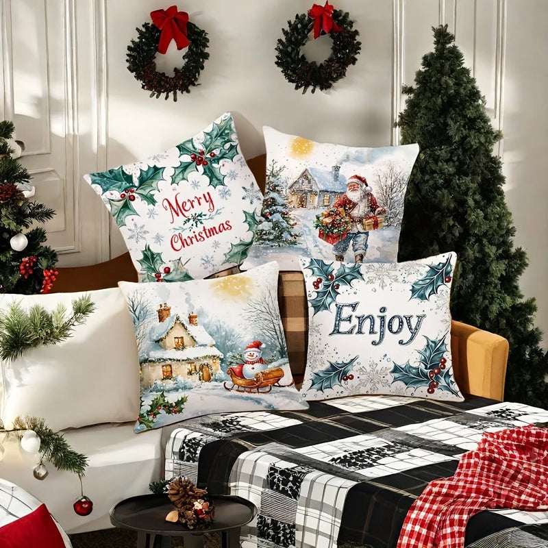 Axyaa Winter Holiday Pillowcase - Festive Snowman & Santa Claus Sofa Cushion Cover