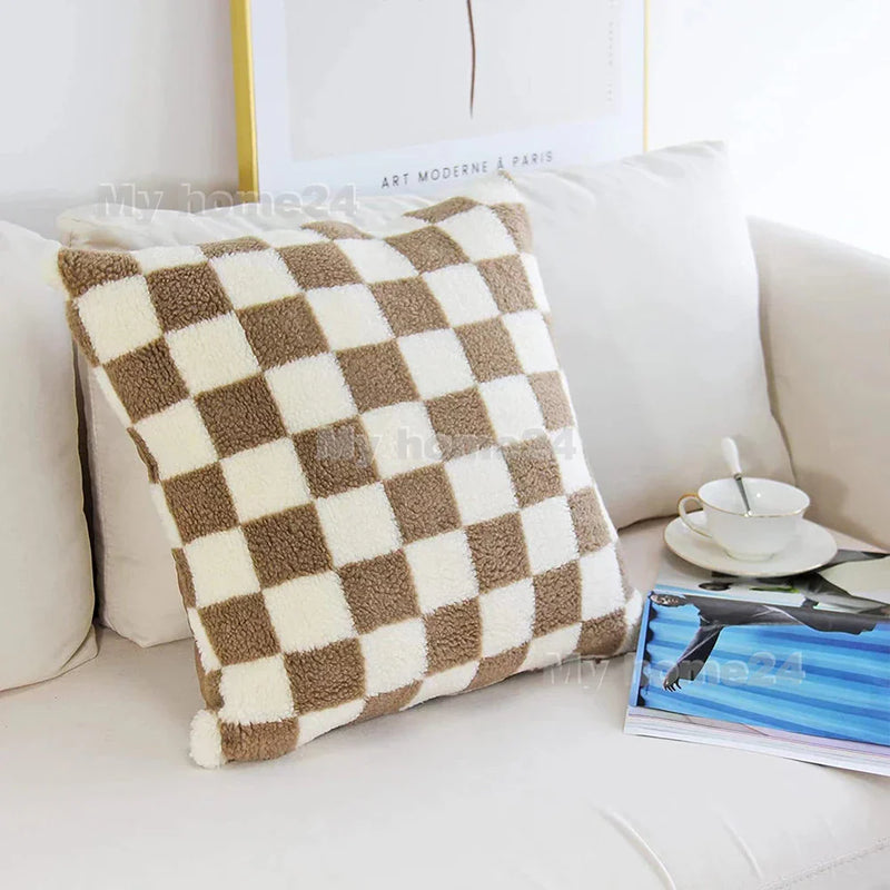 Axyaa Checkerboard Plaid Knit Plush Pillow Cover for Car Sofa, 45*45cm, 50*50cm