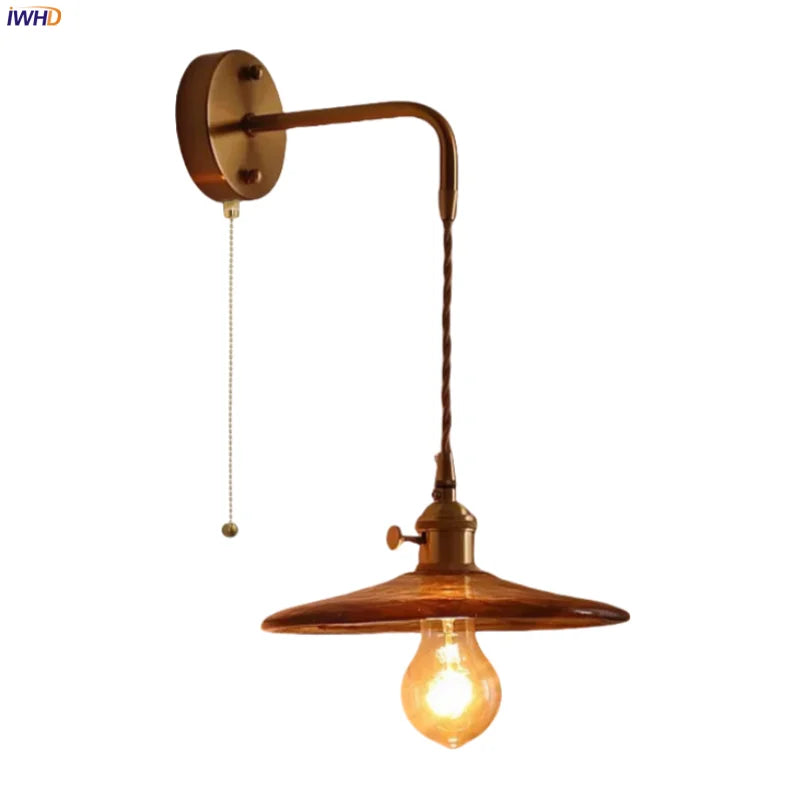 Axyaa Glass LED Wall Sconce Light Pull Chain Copper Applique Murale