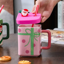 Axyaa 450ML Ceramic Santa Claus Mug With Lid & Straw - Couples Christmas Gift