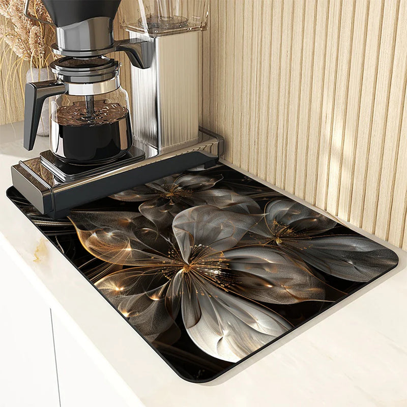 Floral Lines Translucent Flowers Non-Slip Drying Mat for Kitchen Counter by Axyaa