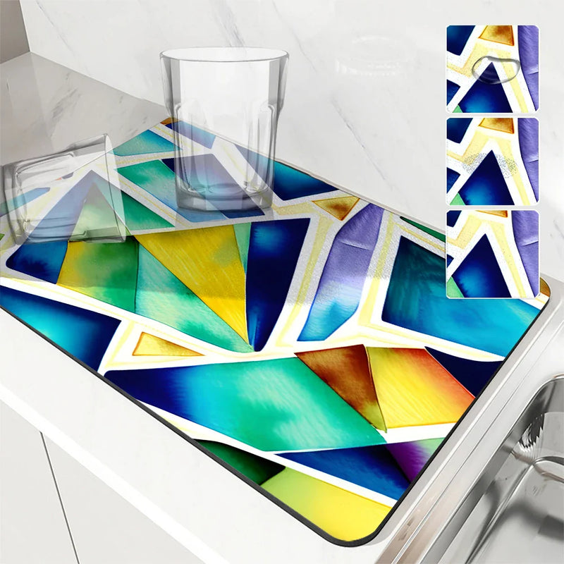 Axyaa Watercolor Geometry Absorbent Kitchen Drying Mat