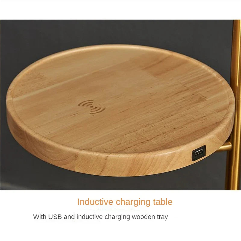 Axyaa Wireless USB Charging Floor Lamp Round Wood Metal Standing Table Lamp