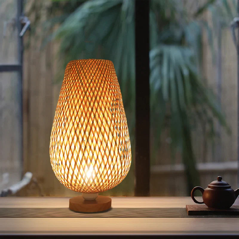 Axya Bamboo Table Lamp: Handmade Bedroom Living Room Decor Bedside Desk Light