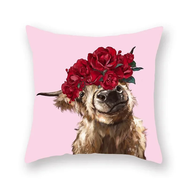 Floral Animal Painting Pillowcase Pink Cat Dog Llama Sofa Cushion Cover Home Decor