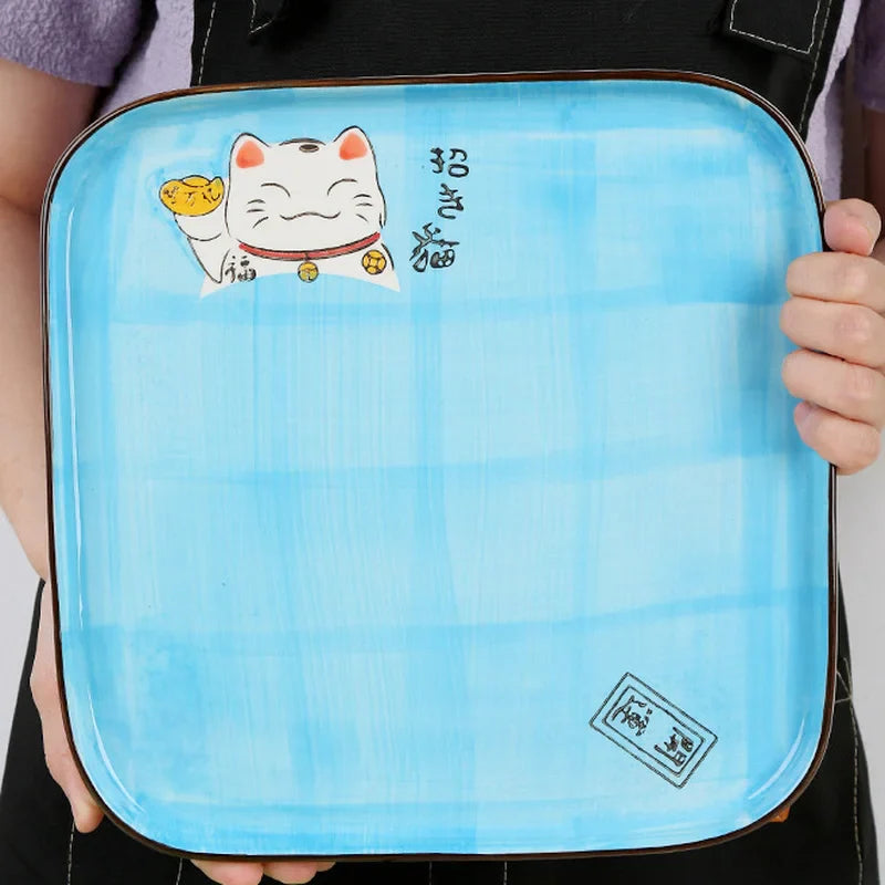 Axya Lucky Cat Ceramic Square Plate - 10.5-inch Western Food Dish