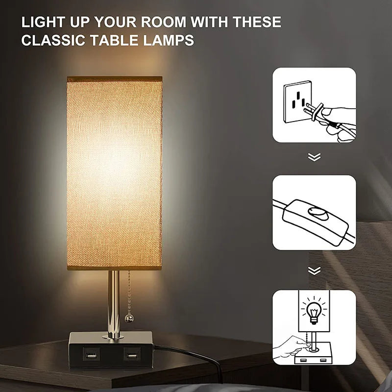 Axyaa USB Table Lamp with Pull Chain and Grey Fabric Shade