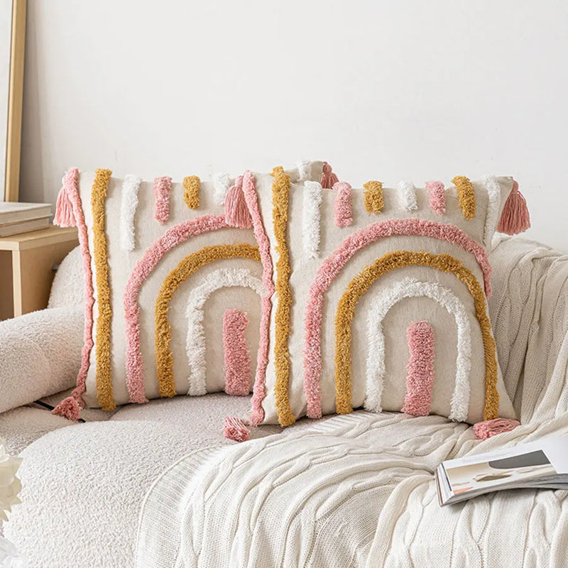 Axyaa Pink Cotton Tufted Pillow Cover with Tassels - Chic Boho Style