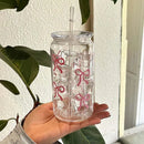 Axyaa 500ml Bow Plastic Cup with Lid & Straw, Mason Jar Shaped Tumbler for Coffee, Juice & More