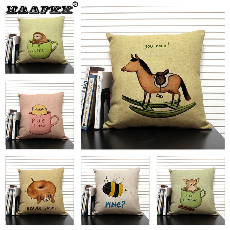 Axyaa Cartoon Animal Print 45x45cm Linen Cushion Cover - Sofa, Car, Chair Pillow Case