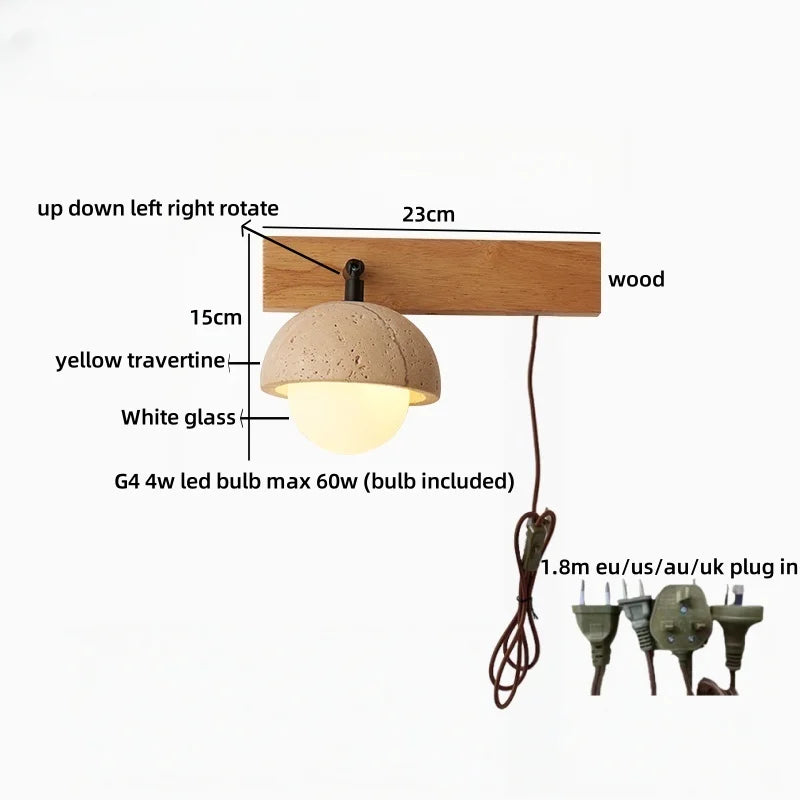 Axyaa White Glass LED Wall Sconce Lamp Yellow Travertine Stone Mirror Light