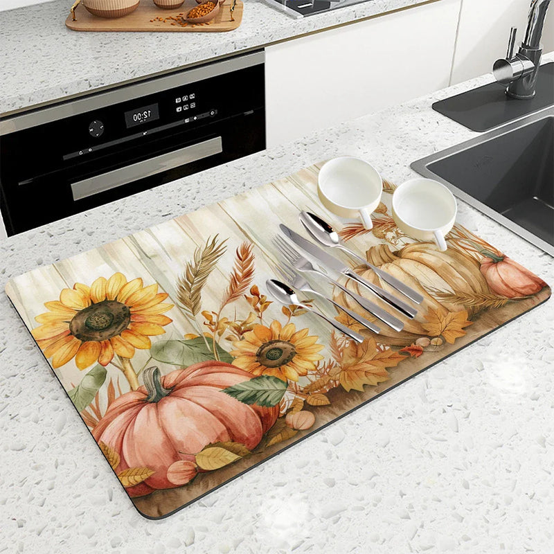 Axyaa Watercolor Pumpkin Absorbent Draining Dish Drying Mat