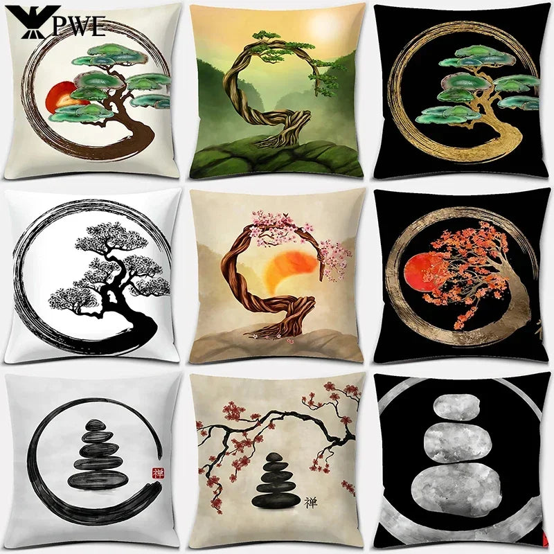 Axyaa Bonsai Zen Stone Pattern Pillowcase Square Decor Home Office Living Room