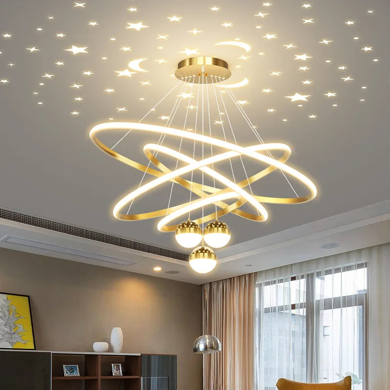 Axyaa Starry Sky Projection LED Chandelier in Black/Gold - Hanging Pendant Lights for Home
