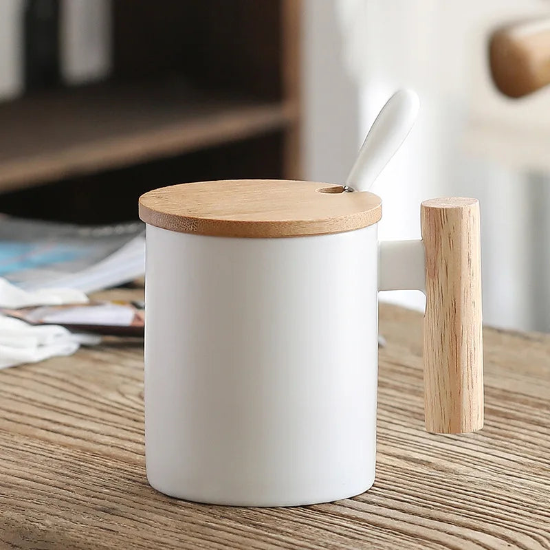 Axyaa Ceramic Wooden Handle Coffee Cup Set with Lid, Spoon - 310ml