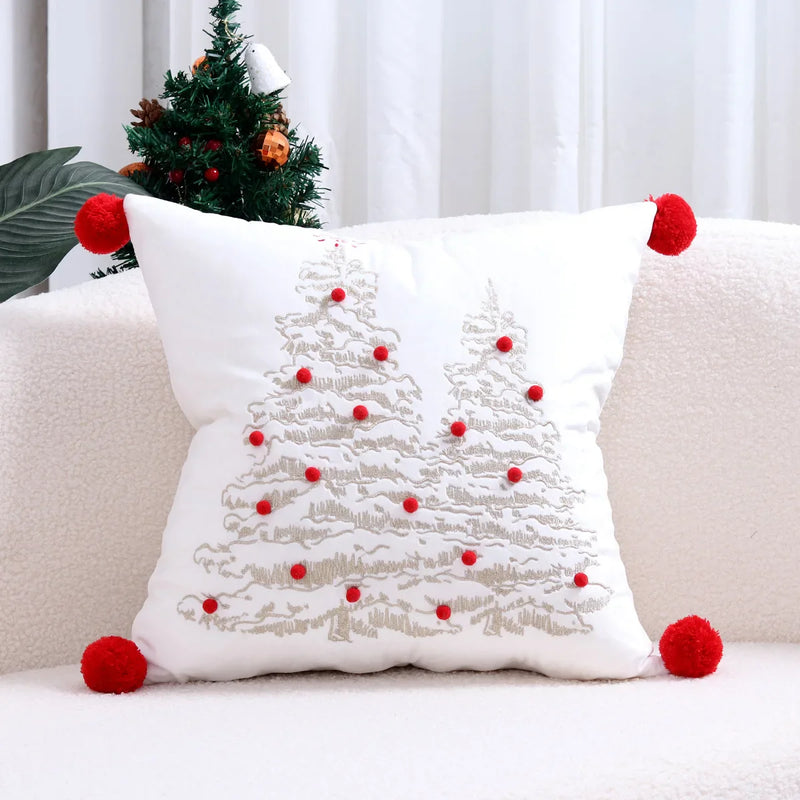 Axyaa Christmas Tree Bell Cushion Cover - Green Red Snowflakes, Pompom Balls Embroidery