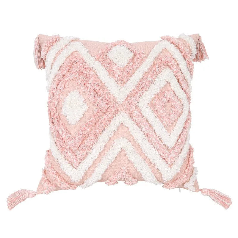 Bohemian Pink Geometric Tassel Throw Pillow Cover for Living Room Sofa by Axyaa