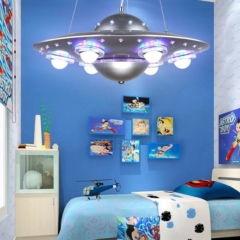 Axyaa Alien UFO Design Led Pendant Light for Children's Room - Creative Iron Art Flying Saucer Chandelier