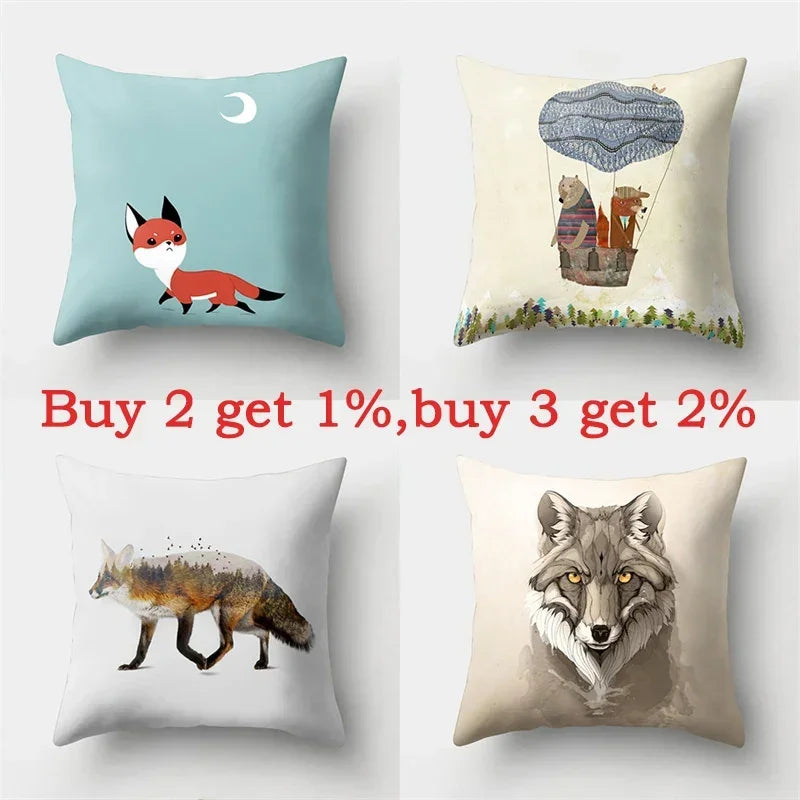 Fox and Bird Polyester Pillowcase by Axyaa: Cartoon Landscape Cushion Cover for Sofa