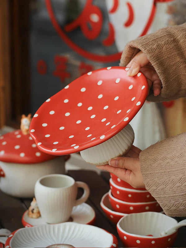 Axya Circular Red Mushroom Tray: Cute Fruit Storage Plate, Home Tableware & Decor.