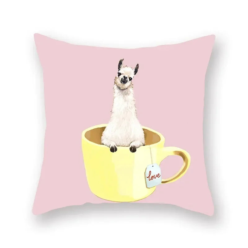 Floral Animal Painting Pillowcase Pink Cat Dog Llama Sofa Cushion Cover Home Decor
