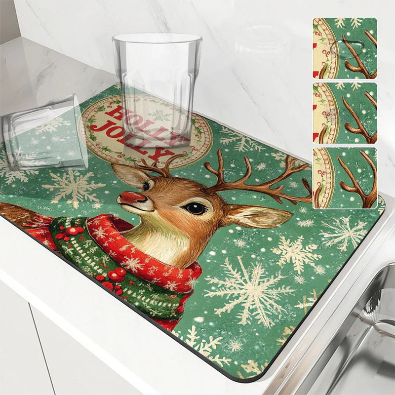 Axyaa Christmas Drain Pad: Absorbent Anti-slip Dry Mat for Dishes and Cups