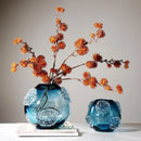 Blue Glass Vase with Medusa Embossed Flower Design by Axyaa