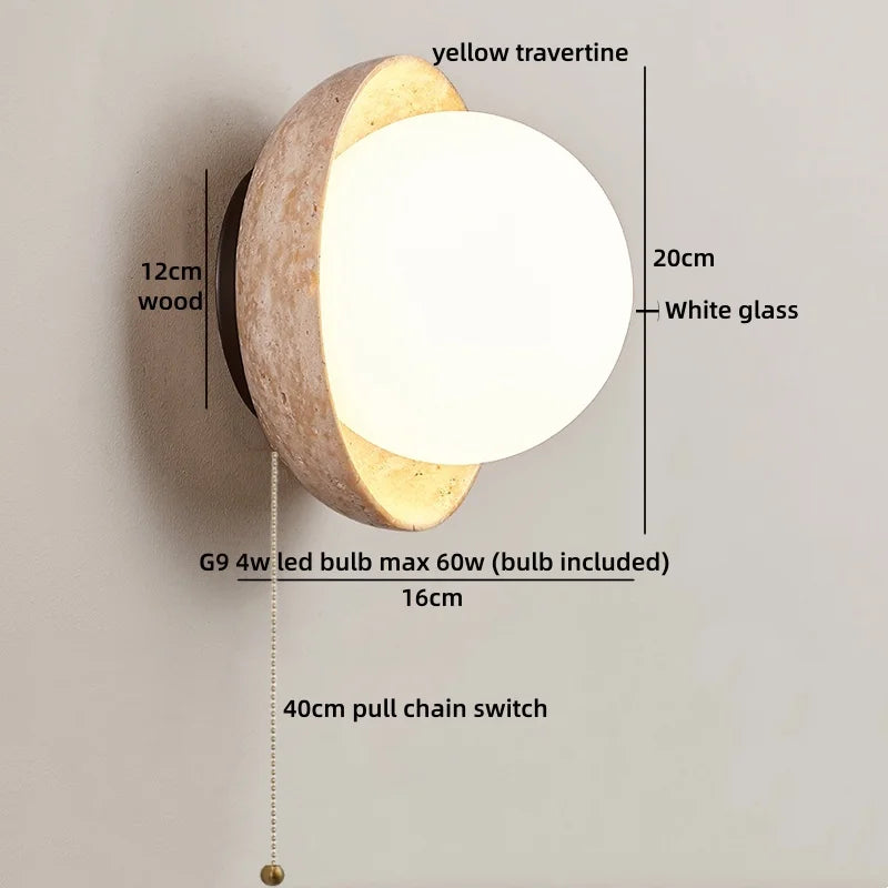 Axyaa Yellow Travertine LED Wall Sconce White Glass Ball Kitchen Bedside Lamp