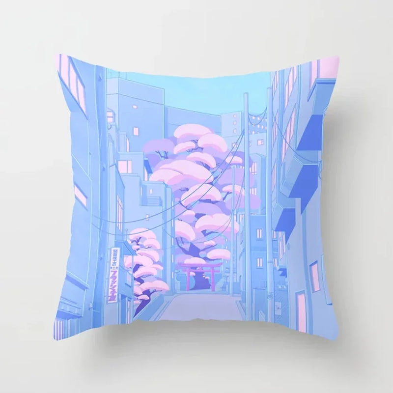 Pink Anime City Print Polyester Pillowcase 45x45cm for Bedroom Living Room by Axyaa.