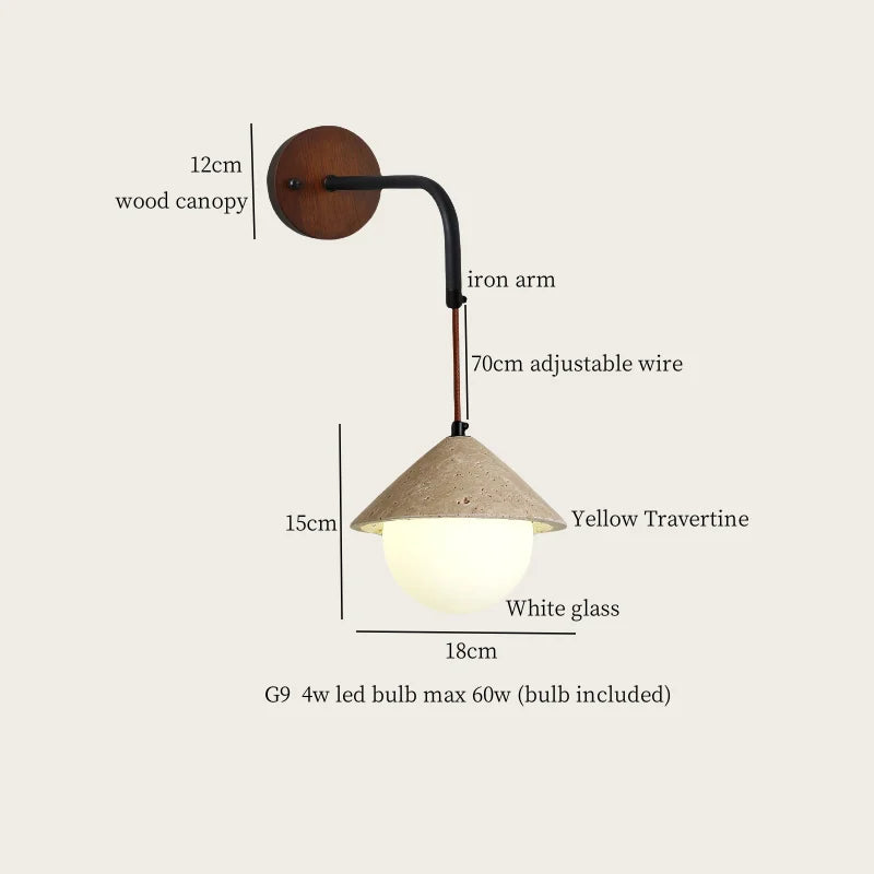 Axyaa Stone Glass LED Wall Light 70CM Adjustable Yellow Travertine Wabi Sabi Bedroom Lamp
