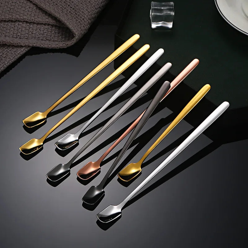 Axyaa Stainless Steel Square Coffee Spoons - Long Handle Dessert Spoons for Kitchen