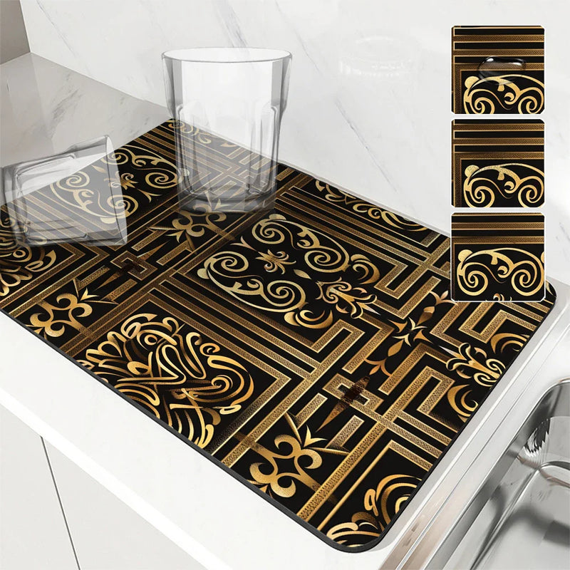 Axyaa Non-slip Dish Drying Mat: Heat Resistant, Absorbent, Ethnic Lines Design