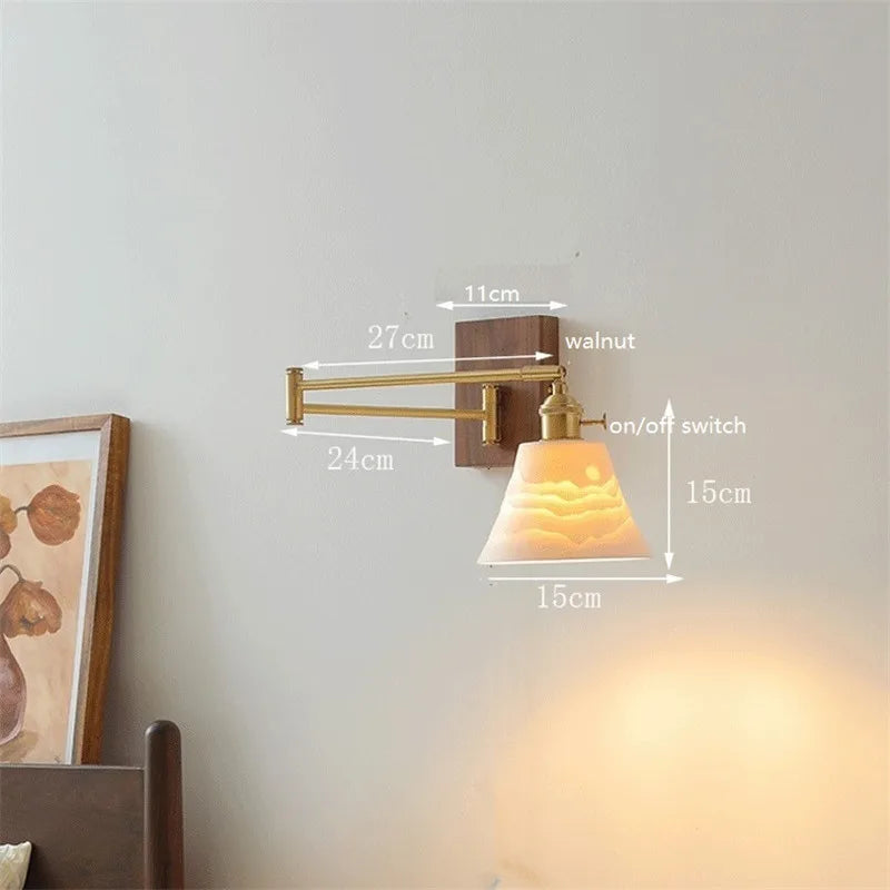 Axyaa Walnut Ceramic LED Wall Lamp with Copper Arm, Rotate, Pull Chain Switch