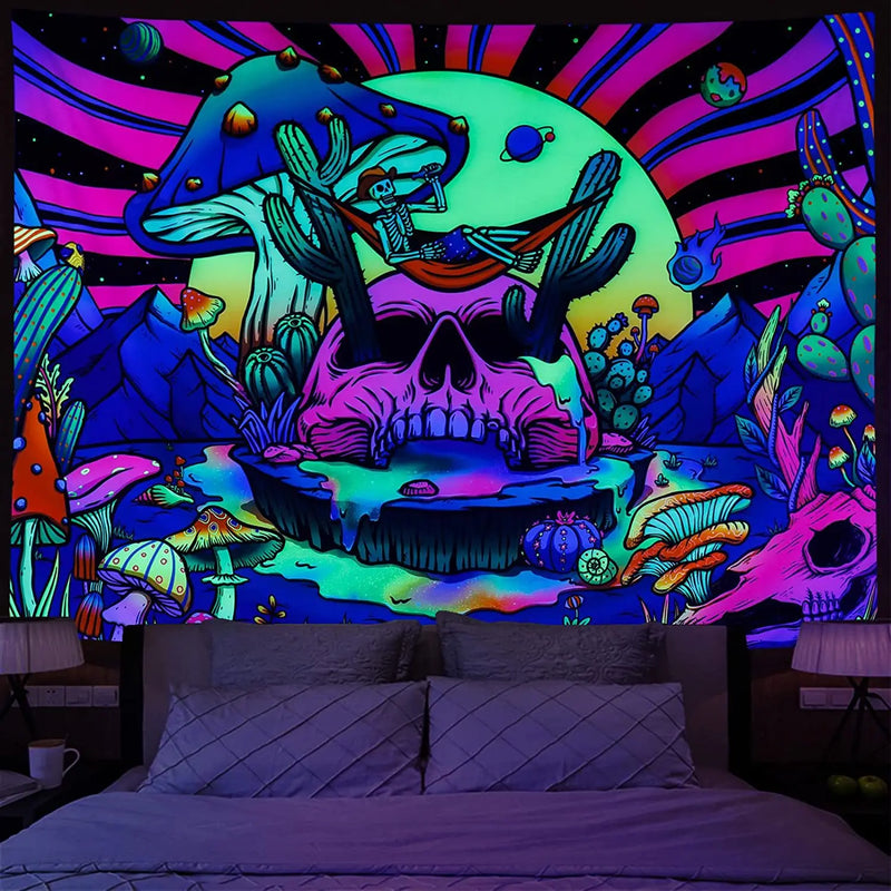 Axyaa Psychedelic Skull Head UV Reactive Tapestry Wall Hanging
