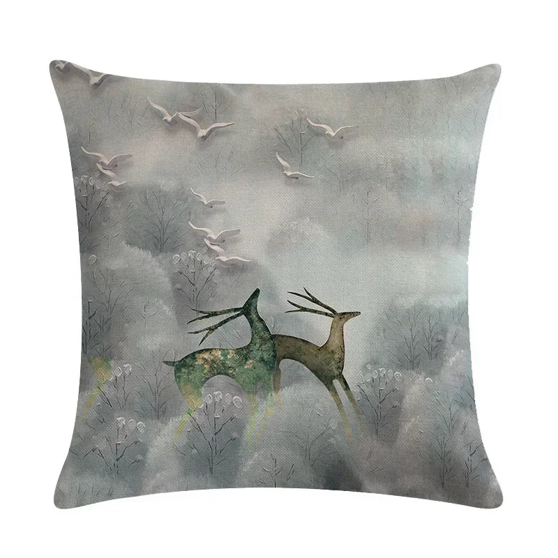 Axyaa Nordic Moose Art Linen Cushion Cover for Home Decor