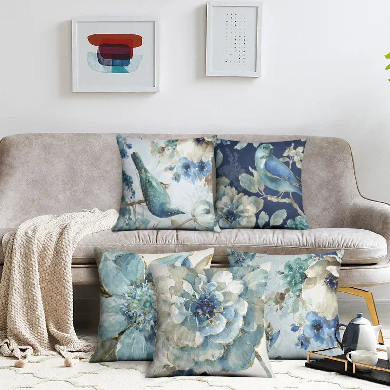 Luxurious Blue Bird Floral Pillowcase by Axyaa - 45x45cm Square Decor for Home & Office