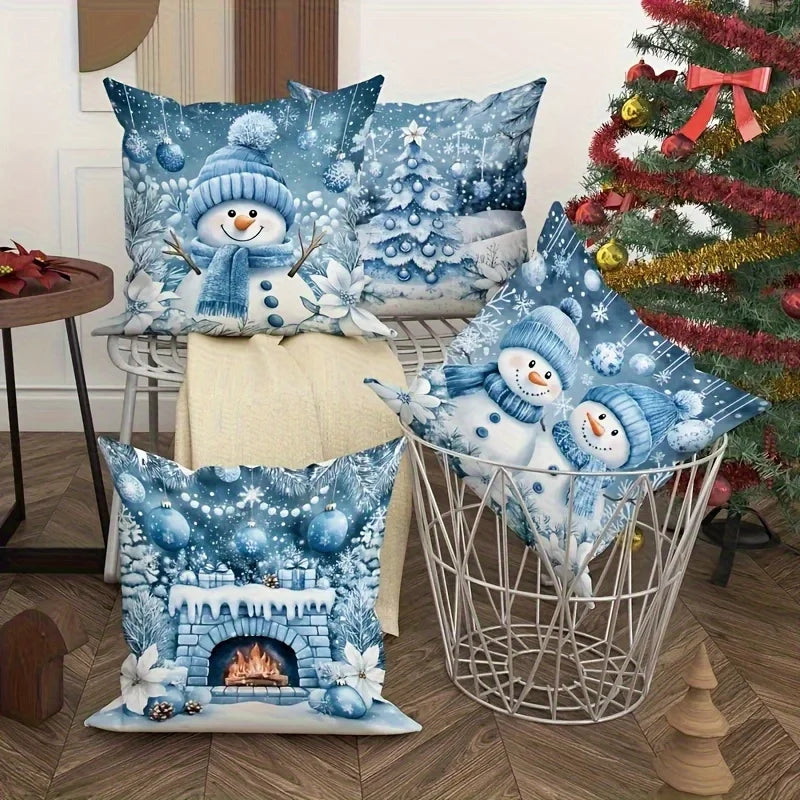 Axyaa Winter Christmas Pillow Cover - Festive Snowman, Tree, Fireplace Design in Blue