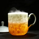Axya Shadow Green Carving Teacup with Lid for Office and Home