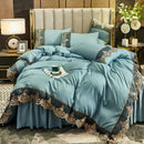 Luxury European Embroidery Four Piece Set by Axyaa - Polished Solid Color & Lace Bed Skirt