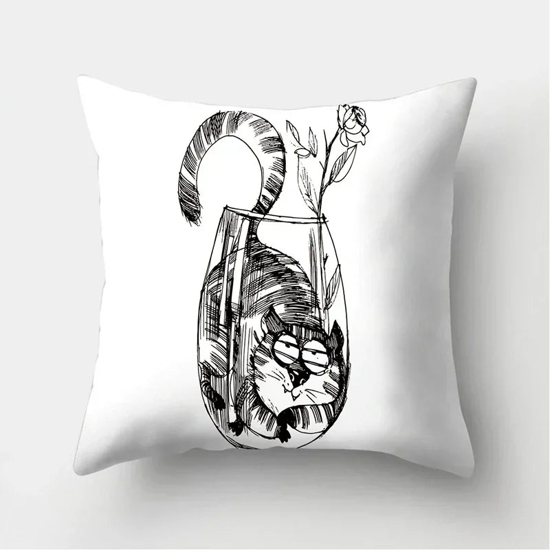 Axyaa Black & White Cat Pattern Cushion Cover for Living Room, Bedroom & Sofa