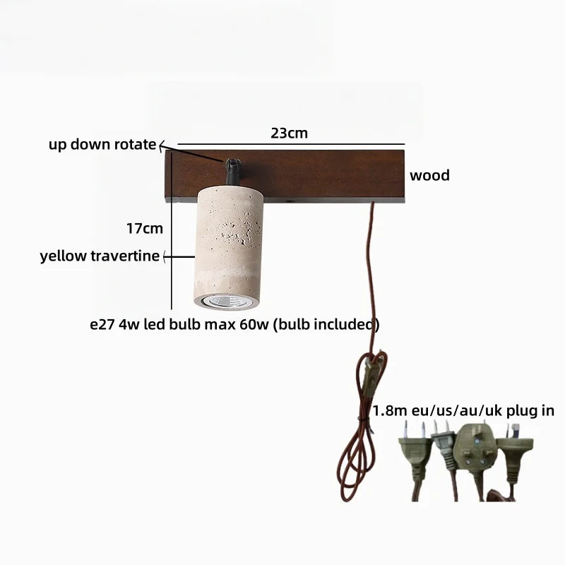 Axyaa Wabi Sabi LED Wall Light Black Travertine Wood Pull Chain Switch Bedside Lamp