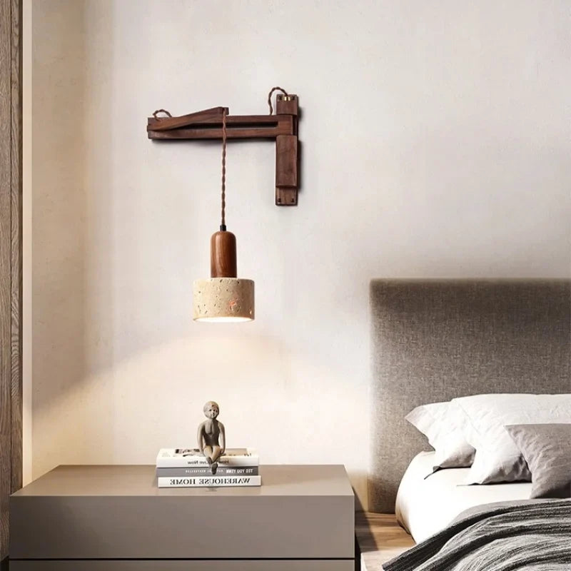 Axyaa Nordic LED Wall Sconce Yellow Travertine Stone Wood Handle Stair Light