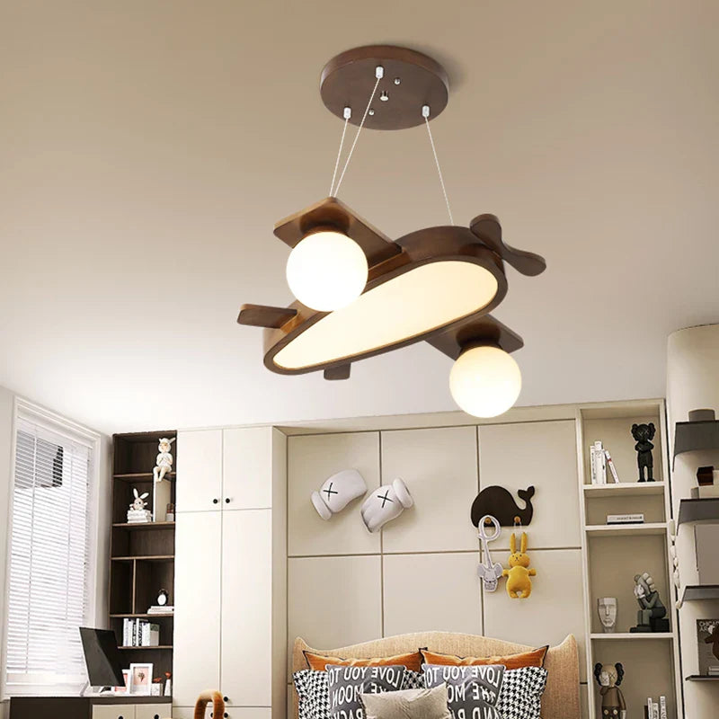 Axyaa Wood Airplane LED Pendant Light for Kids' Room, Walnut Color