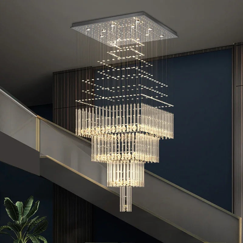 Axyaa Crystal Ceiling Chandelier: Modern Square Base Hanging Lamp for Living Room, Staircase, Loft