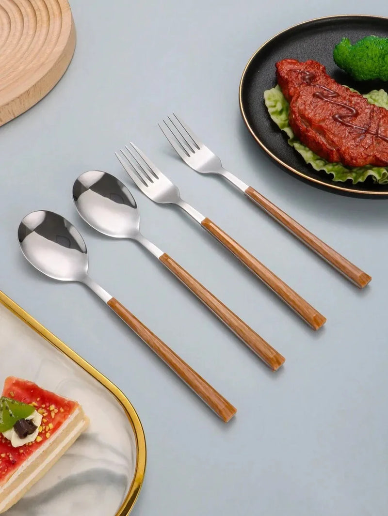 Axyaa 12-Piece Stainless Steel Cutlery Set with Imitation Wood Handle