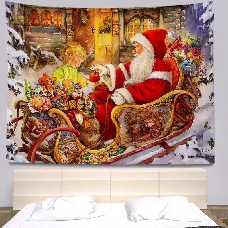 Axyaa Santa Claus and Kids Wall Tapestry for Festive Living Room Decor
