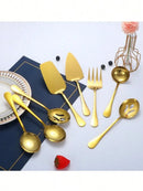 Axyaa Gold Stainless Steel Cutlery Set - 8pcs Buffet Utensils and Food Tongs